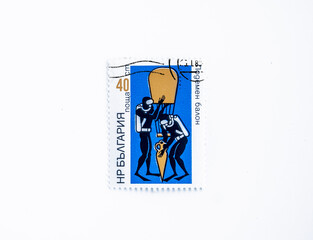 A stamp printed in Bulgaria shows Lifting Balloon, Undersea research in the Black Sea serie, circa 1973. Cancelled used stamp. postal seal