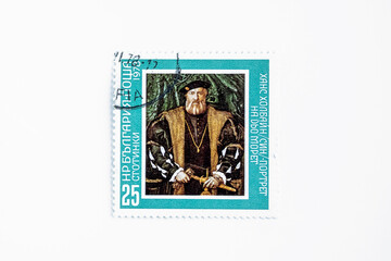 Postage stamp printed in Bulgaria shows Hans Holbein the Younger: Senor de Moret, Paintings by the Great Masters serie, circa 1978. Postal Seal. cancelled