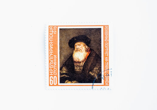 Postage stamp printed in Bulgaria shows Rembrandt: Old Man with Beard, Paintings by the Great Masters serie, circa 1978. Postal Seal Cancelled