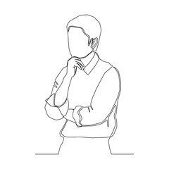 Continuous line of businesman thinking of something vector. Crossing left arm,right hand touching at chin.