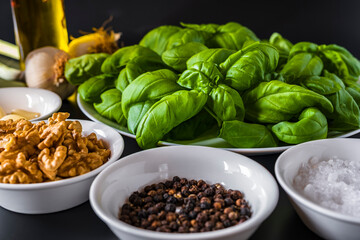 Ingredients for pesto on black ground. Homemade basil pesto sauce and ingredients on dark  background. Front view