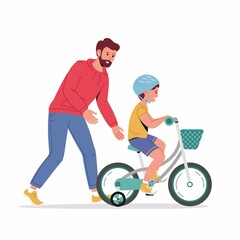 Caring dad teaching little son in helmet to ride bike for first time. Father helping boy kid riding bicycle with basket. Parenting, fatherhood concept. Parent actively spends time with child outdoors.