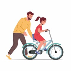 Obraz premium Caring dad teaching daughter to ride bike for first time. Father helping girl kid riding bicycle. Parenting, fatherhood concept. Parent actively spends time with child outdoors. Family walk in park