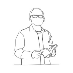 Continuous line of old man with glasses opening the book vector.