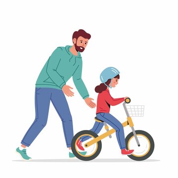 Caring dad teaching little daughter in helmet to ride balance bike for first time. Father helping girl kid riding bicycle. Parenting, fatherhood concept. Parent actively spends time with child outdoor