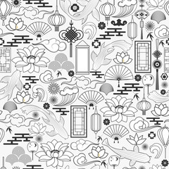 Seamless vector pattern with traditional chinese elements. Line art style.Vector background.