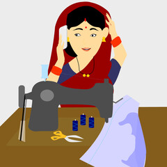 Vector of Indian village women using sewing machine and talking on a mobile phone.