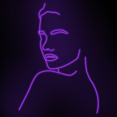 A continuous line of an abstract face with a neon effect. Modern minimalist neon portrait. Portrait on a black background.