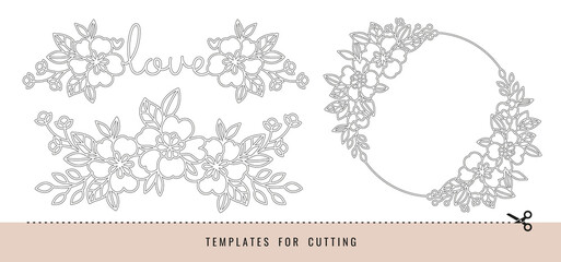 Frame and borders with flowers. Templates for decoration. Elements for cutting paper, plotter or laser cutting. - obrazy, fototapety, plakaty