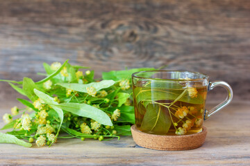 linden tea in a cup on a wooden background with green sprigs of blooming linden close-up