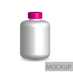 Print3D Rendering Blank medicine bottle, Plastic jar with lid on white background. White glossy plastic jar with lid and label for PILL, mass gainer, powder, pills. Photo-realistic packaging mockup te