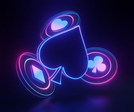 Aces playing cards neon colored symbol with casino chip - 3d illustration