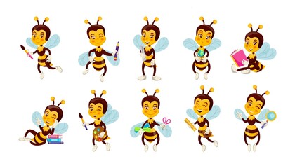 Bee in school. Animal character holding stationery and books. Incest with graduation scroll. Cartoon mascot of kindergarten or college education. Studying wasps set. Vector creative design
