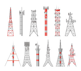 Cell antenna tower set. Telecommunication 5g mast, radio communication 4g signal, network military aerial. Television, telephone or internet technology. Vector flat illustration