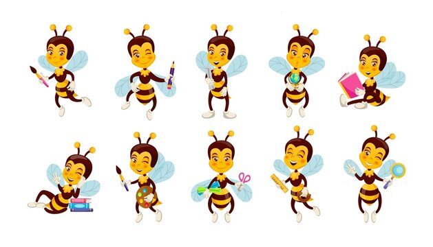 Bee in school. Animal character holding stationery and books. Incest with graduation scroll. Cartoon mascot of kindergarten or college education. Studying wasps set. Vector creative design
