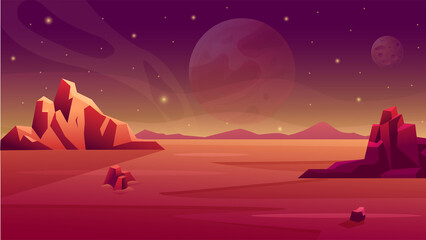 Mars planet space. Alien landscape surface of moon. Ground for game. Desert backdrop scene. Cosmos horizon. Mountain cliffs. Cosmic panorama with rocks and sky. Vector cartoon background © Natalia