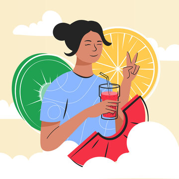 Healthy food. Vegan and diet nutrition. Vitamin beverage. Vegetarians concept. Health green vegetable cocktail with fruits and herbs. Happy woman drinks smoothie. Vector illustration