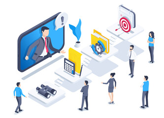 isometric vector illustration on a white background, business icons on platforms and people near them, online training to improve the level of staff