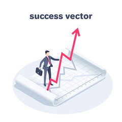 isometric vector illustration on a white background, a man in a business suit with a briefcase holds an arrow pointing up on a sheet with a graph, success vector