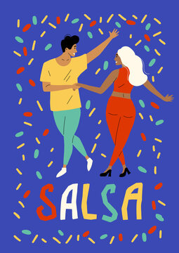 A woman and a man dance salsa at a festival. A couple dancing Latin dances. Lovers smile and move sensually. Rumba, samba, bachata and merengue on a blue background