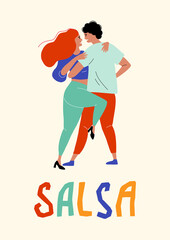 Salsa and bachata dance. The couple is dancing Latin dances. Dancers move sexually. Poster and poster for the Dance and Rumba Festival
