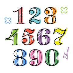set of numbers and numbers in lettering style. font for mathematics, algebra and calculator. Children learn to count using bright numbers
