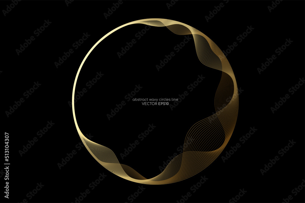 Poster Vector abstract circles lines wavy in round frame gold light isolated on black background with empty space for text in luxury style.
