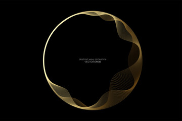 Vector abstract circles lines wavy in round frame gold light isolated on black background with empty space for text in luxury style.