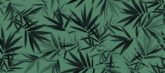 Luxury bamboo leaves background vector. Floral pattern, Tropical leaf with line art, Jungle plants, Exotic leaf pattern. Vector illustration. - obrazy, fototapety, plakaty