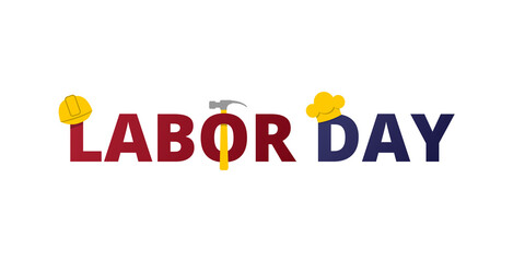 Labor day title text. Red and blue font color with helm, hummer and chef hat. Labor day concept