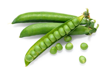green peas in detail isolated on a white background, the concept of fresh vegetables and healthy food
