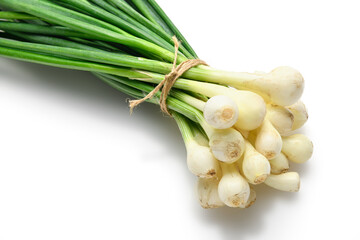 a bunch of green onions in detail, the object is isolated on a white background, the concept of...