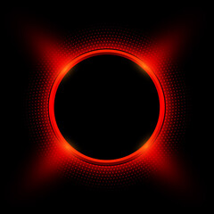 Red  sparkling ring with glitter on black background. Vector shiny button with red halftone, dots pattern around, vector illustration.