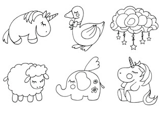big set of vector line art cute cartoon animal. doodle coloring page