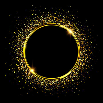 Gold sparkling ring with glitter on black background. Vector luxury and shiny golden button.