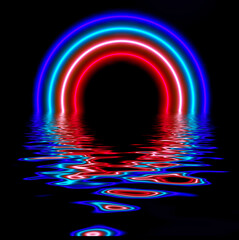 Fototapeta na wymiar Abstract futuristic background, pink blue neon lights gate with 3D glowing reflected in water, sci fi render illustration.
