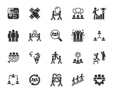 Vector set of teamwork flat icons. Contains icons team building, collaboration, team, motivation, team goal, working group, management, cooperation and more. Pixel perfect.