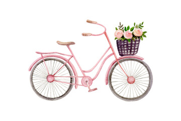 Pink bike with a basket full of flowers. Watercolor illustration isolated on white background.
