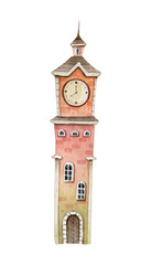 Clock tower. Watercolor illustration isolated on white background.