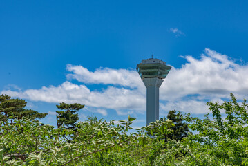 Goryokaku Tower in spring sunny day  bule sky. The tower observatory decks command the entire view...