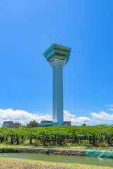 Goryokaku Tower in spring sunny day  bule sky. The tower observatory decks command the entire view...