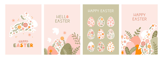 Set postcard template with a silhouette Easter eggs, rabbit and flowers in flat style. Illustration holiday easter bunny and eggs in pastel colors and space for your text. Vector