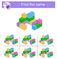 Obraz premium Puzzle game for kids. Task for development of attention and logic. Need to find same group of cubes. Vector illustration