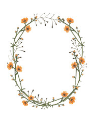 Floral wreath with leaves and flowers . Watercolor design. Invitations  wildflowers. Background for save the dates.