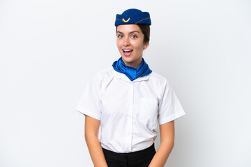 Airplane stewardess caucasian woman isolated on white background with surprise facial expression