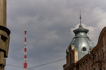 The facade of the steel tower of an old-fashioned building