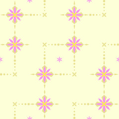 This is a seamless pattern with a beautiful pink flowers arranged on yellow background, make it look beautiful.