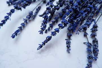  Lavender flowers on White marble background. Copy space. Top view, flat lay. blue dry Lavender flower background.