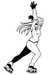 A cute figure skating girl drawn in the style of Japanese manga comics, she has long blond hair, she is in a concert outfit.