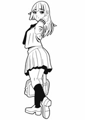 A cute schoolgirl girl drawn in the style of Japanese manga comics stands with a bag leaning on one leg. She is dressed in a sailor suit, a short skirt, stockings and shoes.